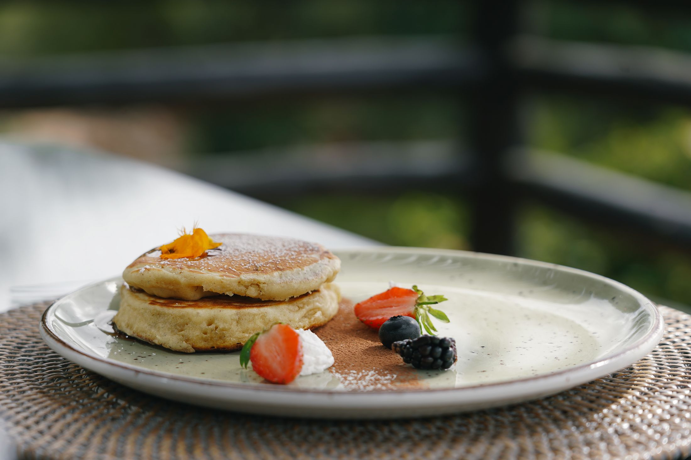 A pancake stack with berries, cream and cocoa on a speckled plate, the deck rail and garden out of focus behind.